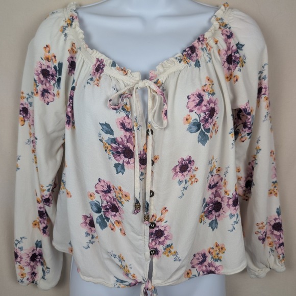 Rewind Tops - Rewind Floral Long Sleeve Peasant Top Cream Purple Tie Front Blouse Medium